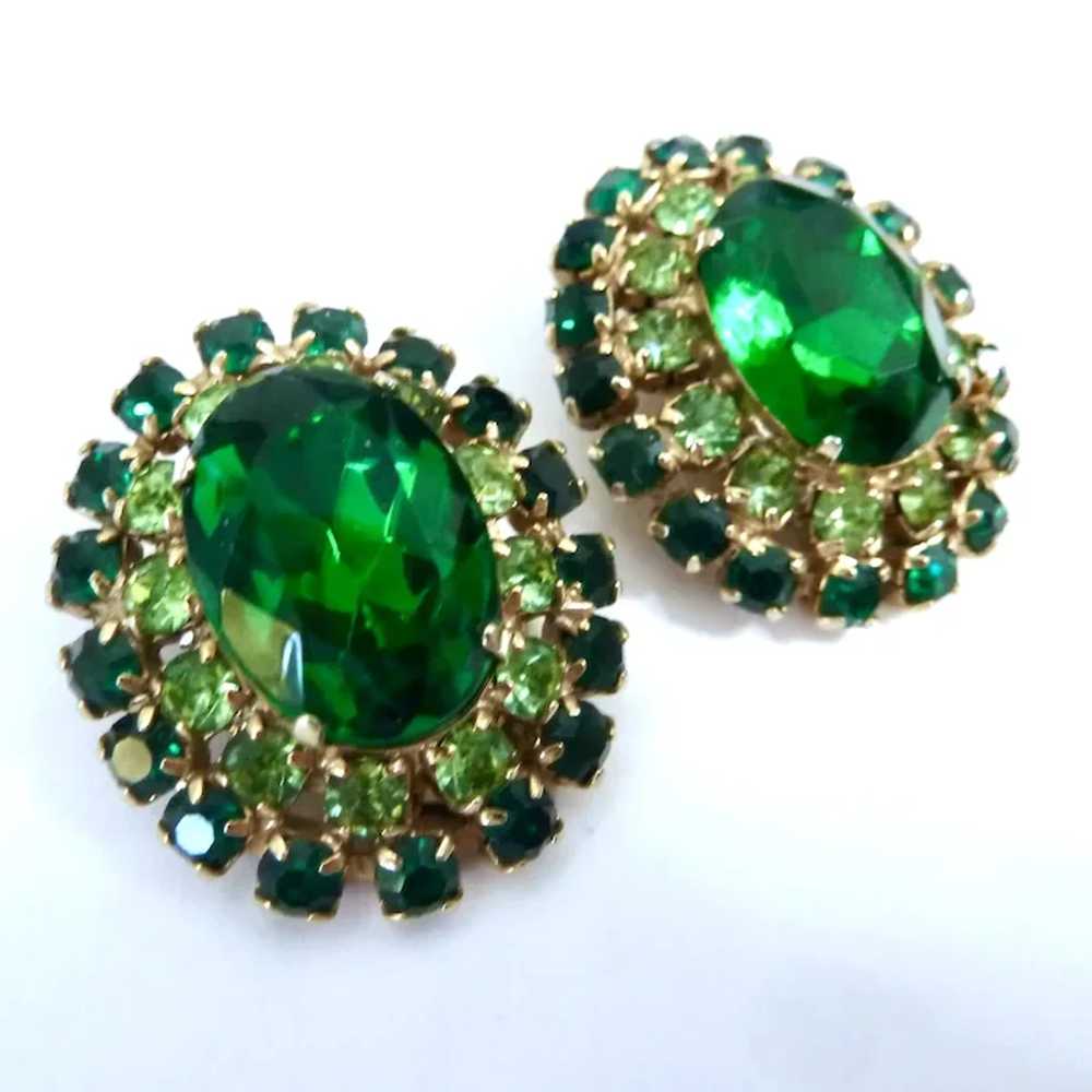 Vintage Large Two-Tone Green Rhinestone Clip Earr… - image 7