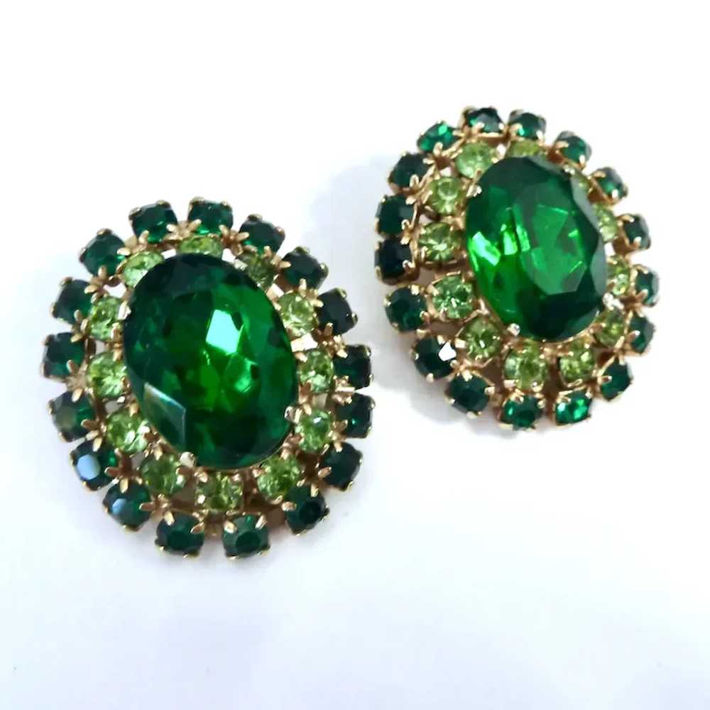 Vintage Large Two-Tone Green Rhinestone Clip Earr… - image 8