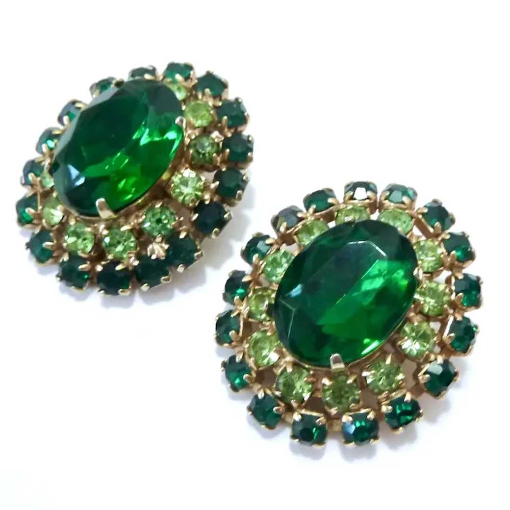 Vintage Large Two-Tone Green Rhinestone Clip Earr… - image 9