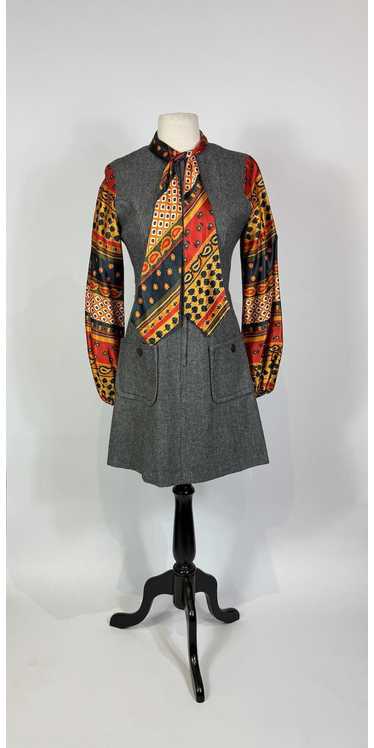 1960s Mod Mini Dress - Grey Wool & Paisley Satin … - image 1