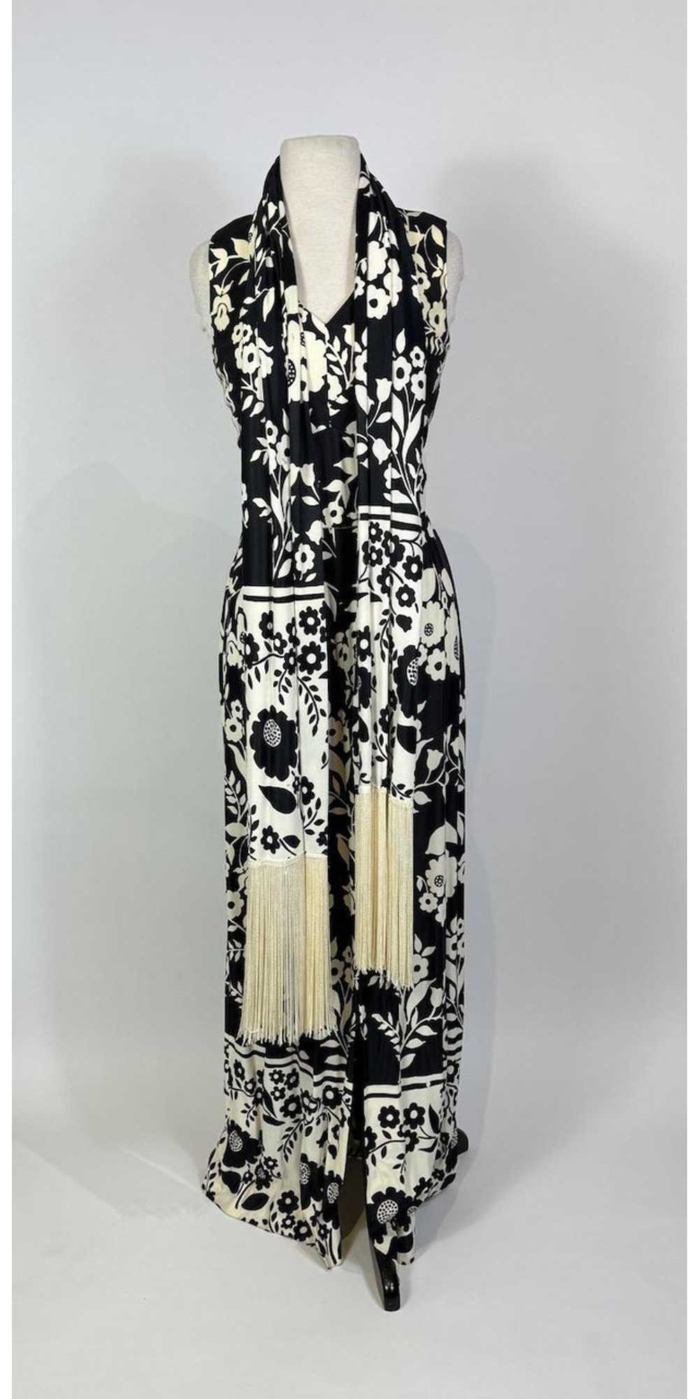 1970s Black and White Floral Print Maxi Dress wit… - image 1