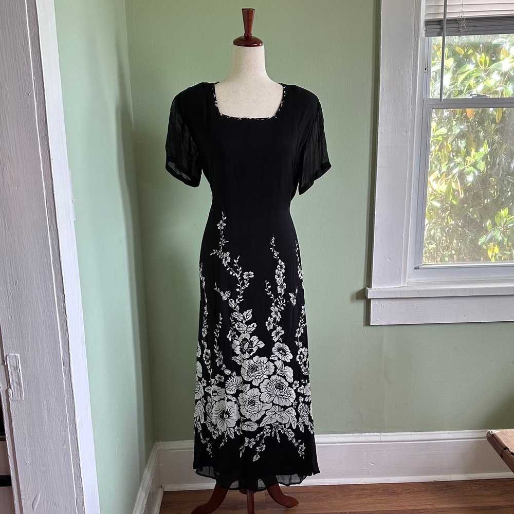 Vintage 90s Whimsigoth Black Floral Maxi Dress si… - image 1