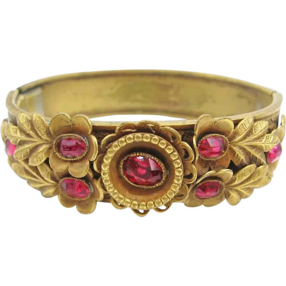 Vintage Art Deco Brass and Red Glass Bangle Brace… - image 1