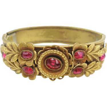 Vintage Art Deco Brass and Red Glass Bangle Brace… - image 1