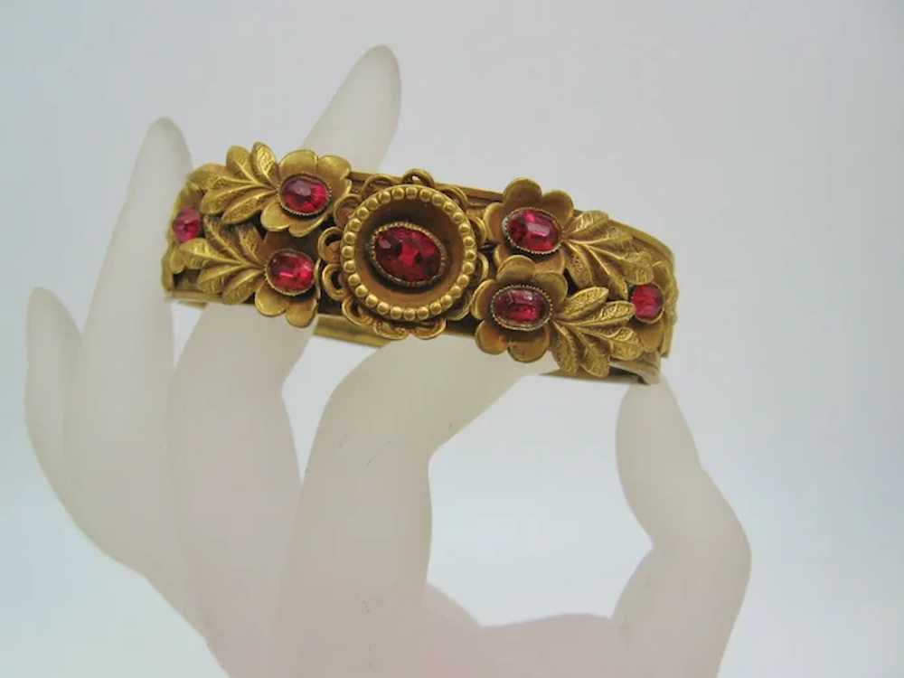 Vintage Art Deco Brass and Red Glass Bangle Brace… - image 2