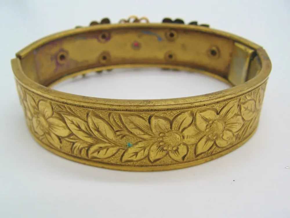 Vintage Art Deco Brass and Red Glass Bangle Brace… - image 5