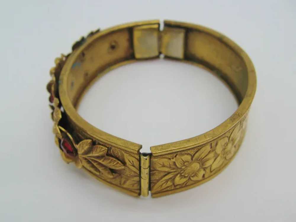 Vintage Art Deco Brass and Red Glass Bangle Brace… - image 6