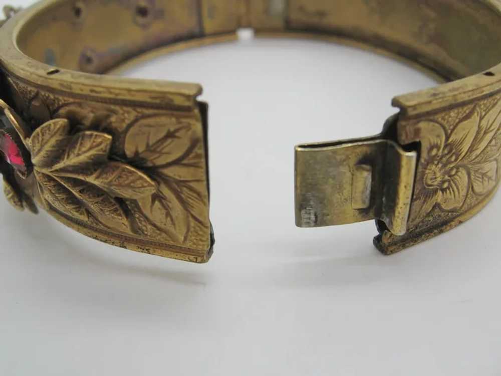 Vintage Art Deco Brass and Red Glass Bangle Brace… - image 7