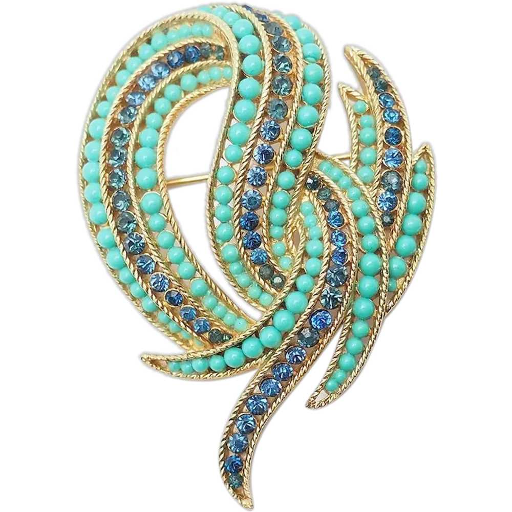Vintage gold tone faux turquoise blue crystals sw… - image 1
