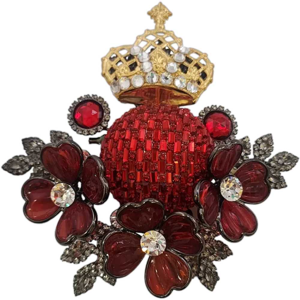 Wonderful VRBA Pink Crown & Molded Flower Brooch … - image 1