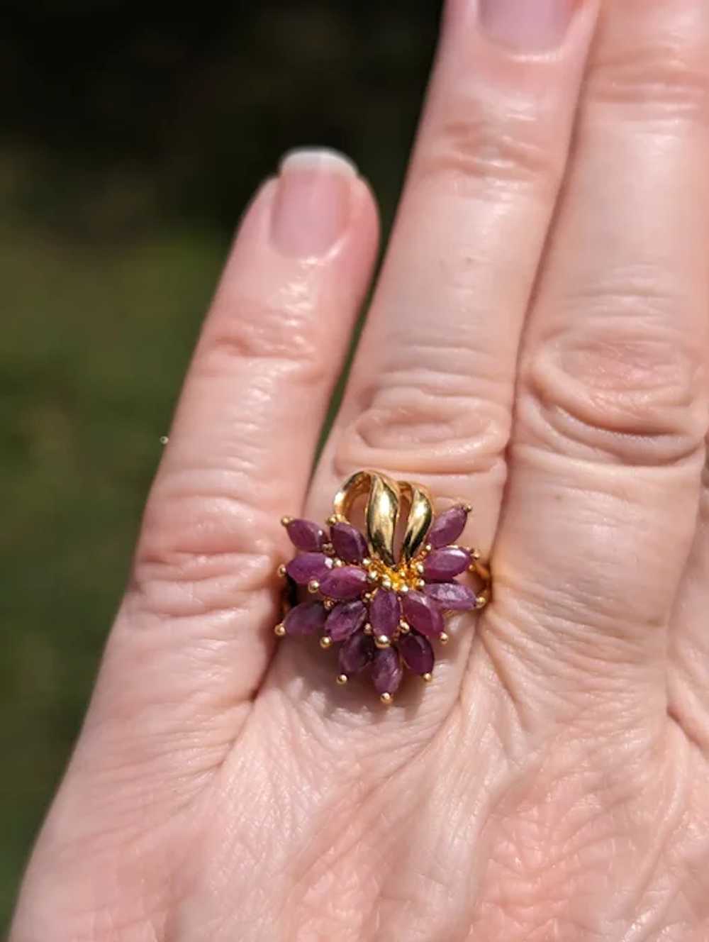 Mid Century Gold Plated Ruby Cluster Ring - image 2