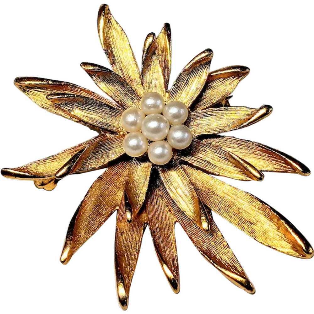 Mid Century Gold Tone Sunburst Faux Pearl Brooch - image 1