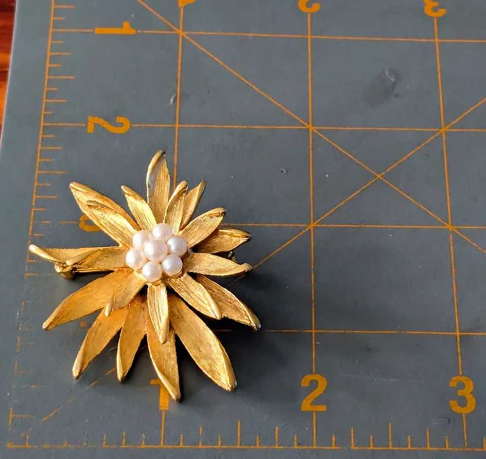 Mid Century Gold Tone Sunburst Faux Pearl Brooch - image 6