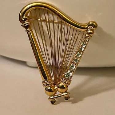 Monet Gold Rhinestone Crystal Harp Brooch Women V… - image 1
