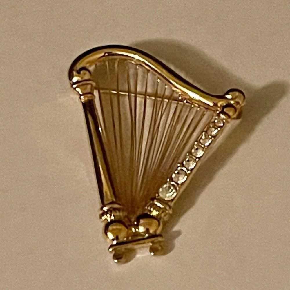 Monet Gold Rhinestone Crystal Harp Brooch Women V… - image 2