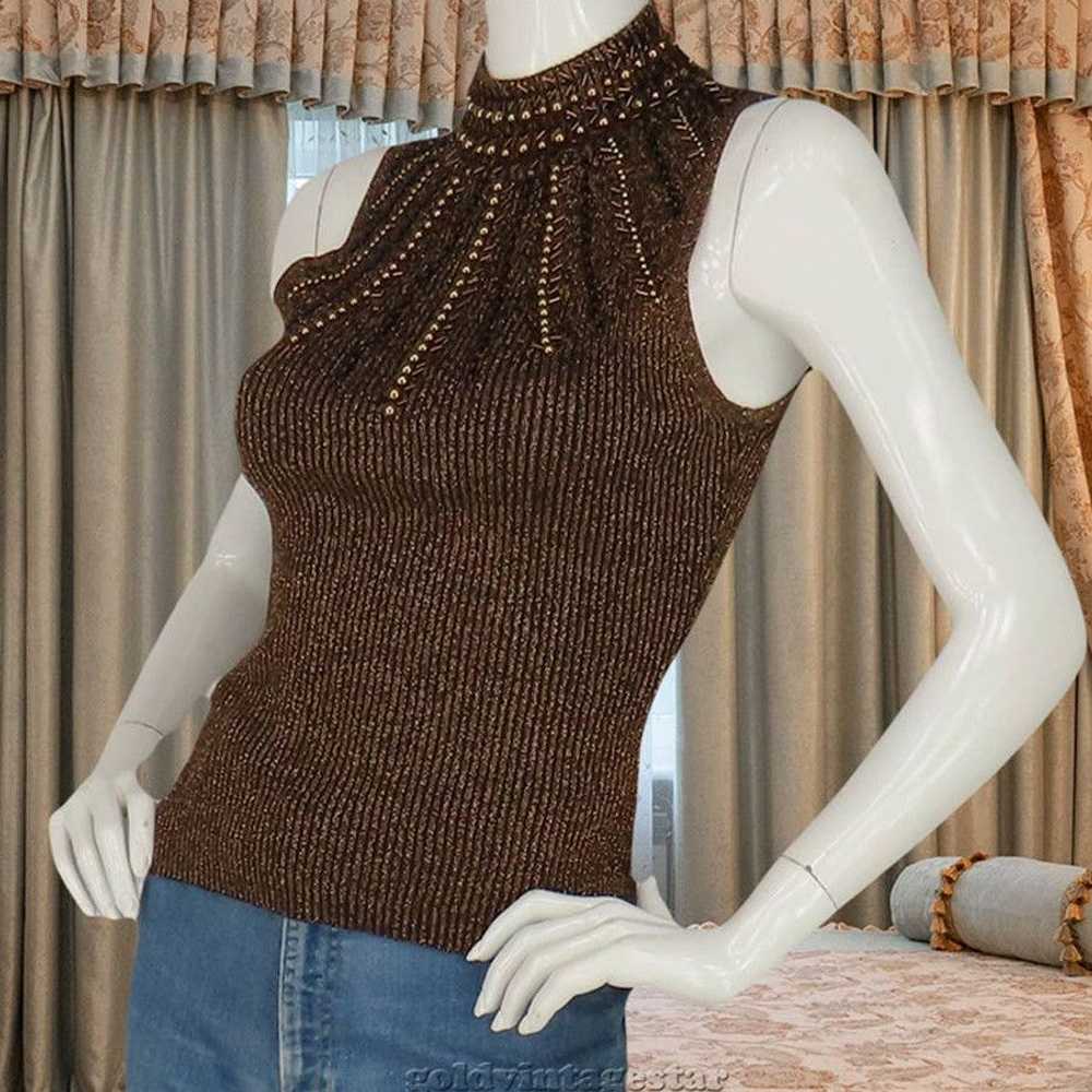 Other Cache Bronze Beaded Knit Top Retro Sparkle … - image 2