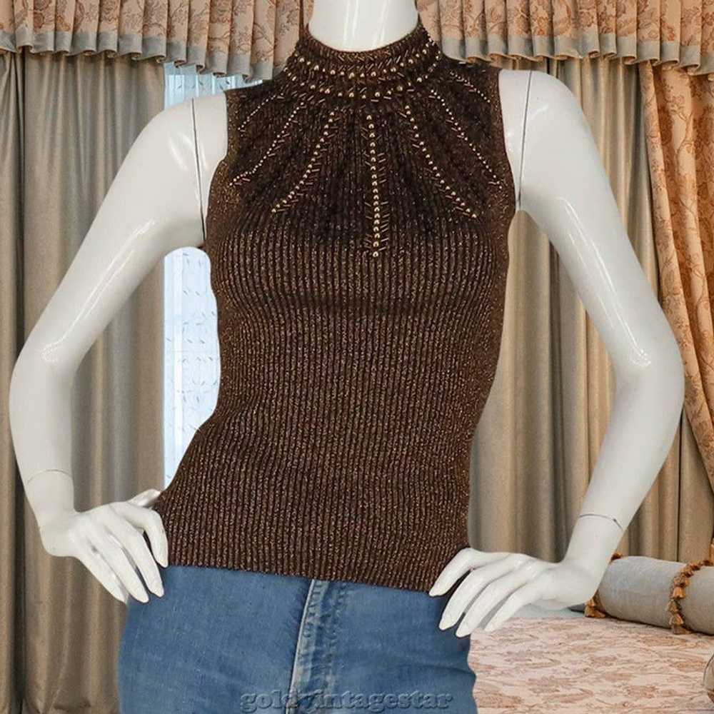 Other Cache Bronze Beaded Knit Top Retro Sparkle … - image 3