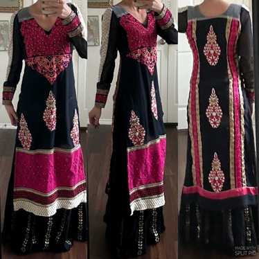 Indian black hot pink white gold lace sequin long… - image 1