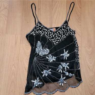 Black Silver Sequin Butterfly Flower Top - image 1