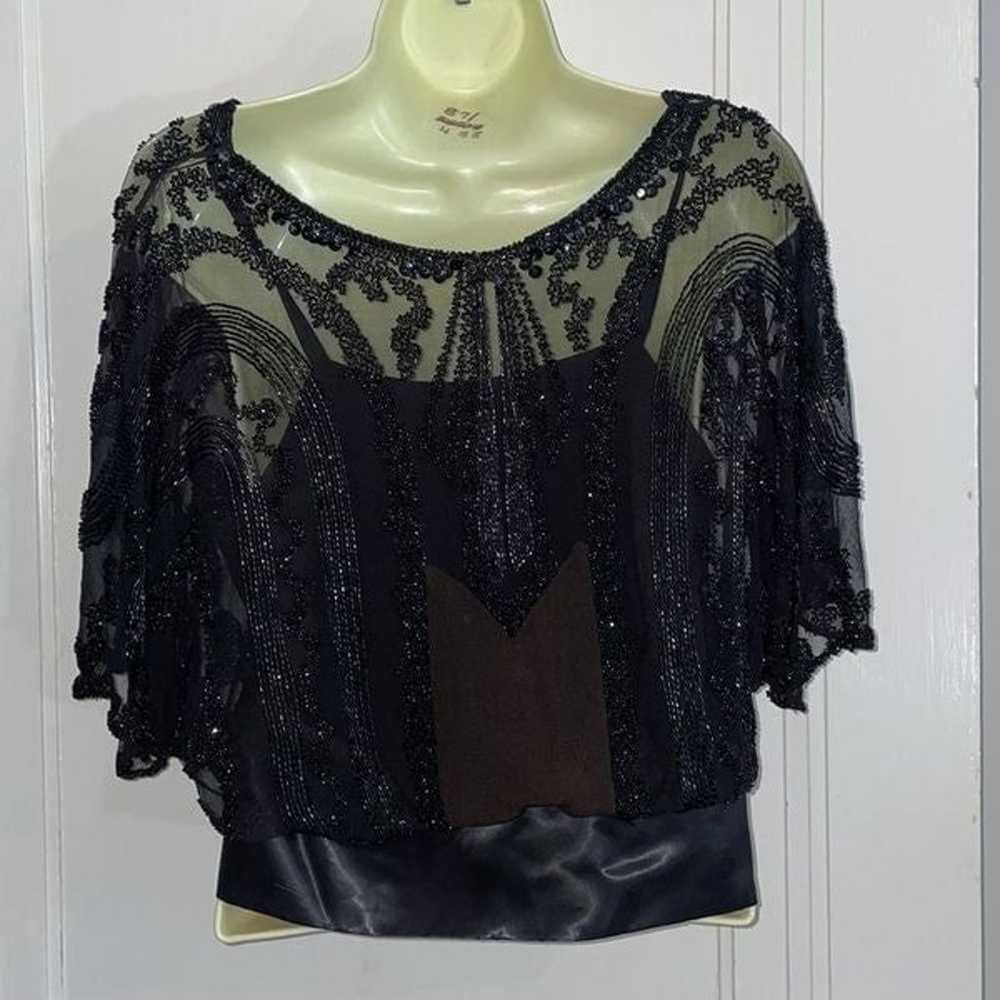 Vtg 50s/60s black beaded & sequined blouse with s… - image 7