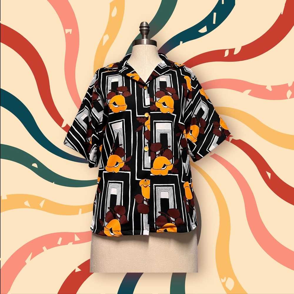 Vintage 1970s Floral Print Knit Disco Shirt 70s G… - image 1