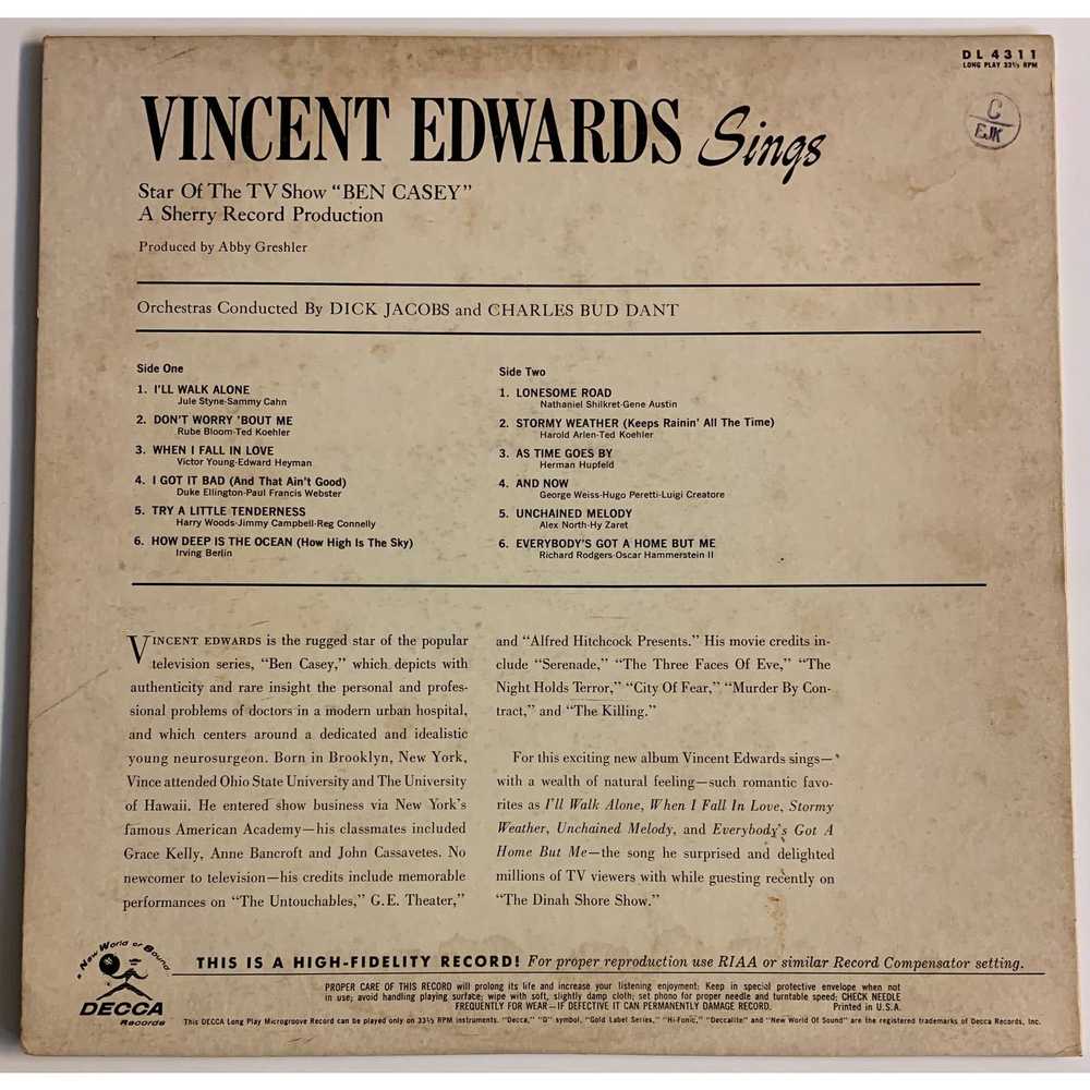 Vinyl Factory Vincent Edwards Sings Ben Casey 196… - image 2