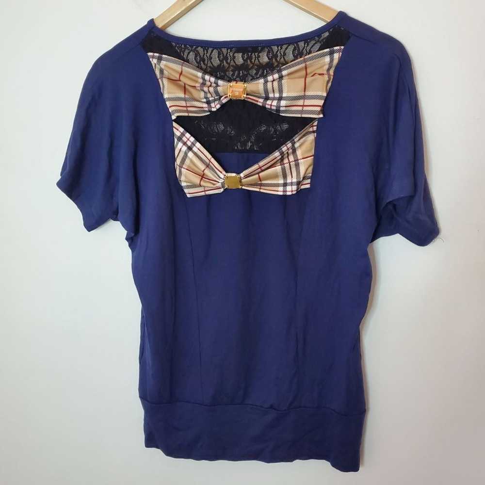 NWOT Burberry Check Bowtie Blouse Navy Lace Back L - image 5