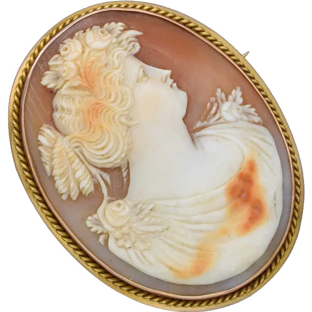 Antique 14K Yellow Gold Cameo Shell Large Oval Br… - image 1