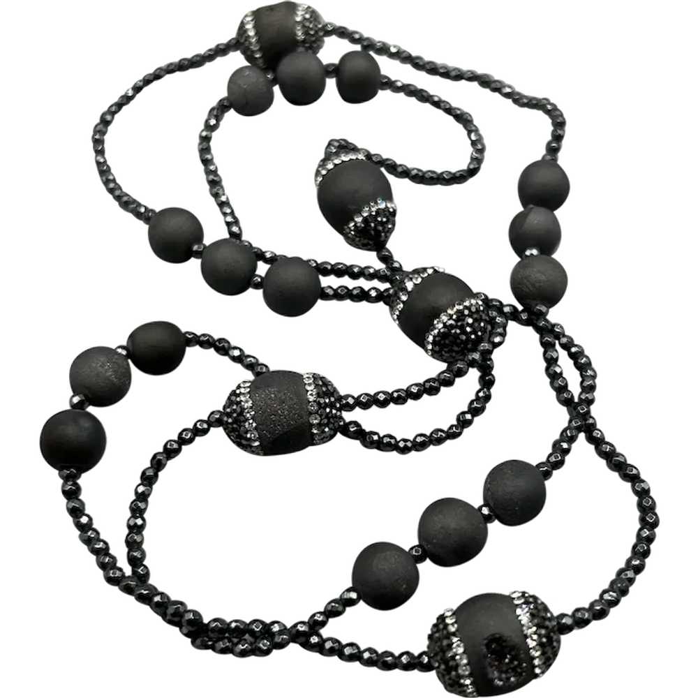 Vintage Elegant Black Beaded Necklace Clear Cryst… - image 1
