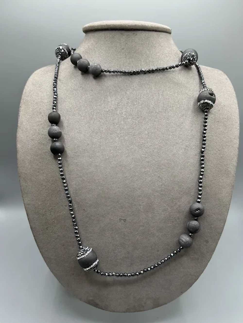 Vintage Elegant Black Beaded Necklace Clear Cryst… - image 2