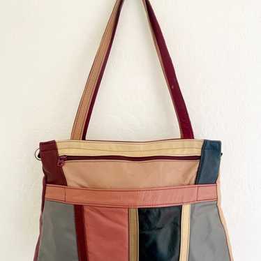 Vintage 80s 100% Leather Colorblock Oversize Bag … - image 1