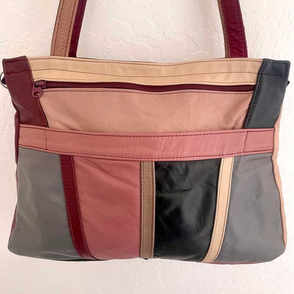 Vintage 80s 100% Leather Colorblock Oversize Bag … - image 2
