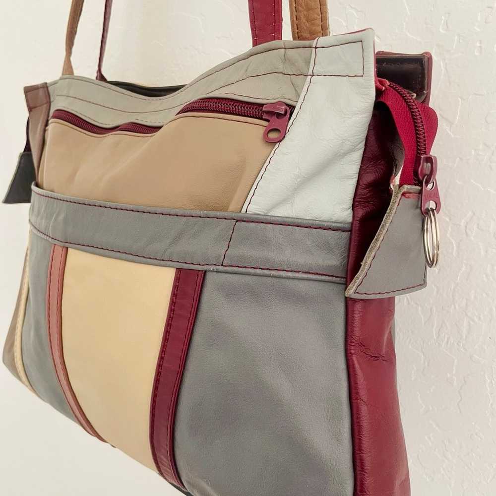 Vintage 80s 100% Leather Colorblock Oversize Bag … - image 3