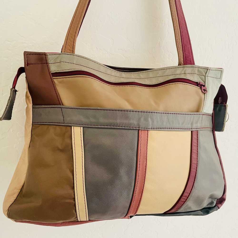 Vintage 80s 100% Leather Colorblock Oversize Bag … - image 4