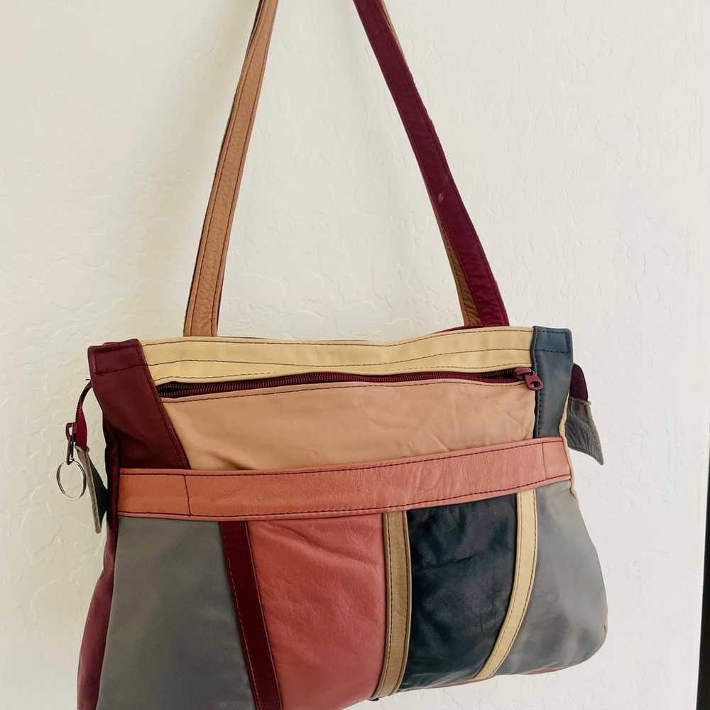 Vintage 80s 100% Leather Colorblock Oversize Bag … - image 6