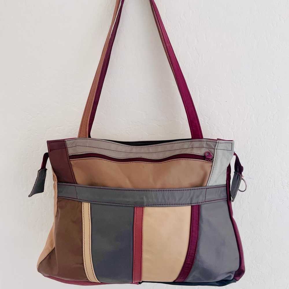 Vintage 80s 100% Leather Colorblock Oversize Bag … - image 7