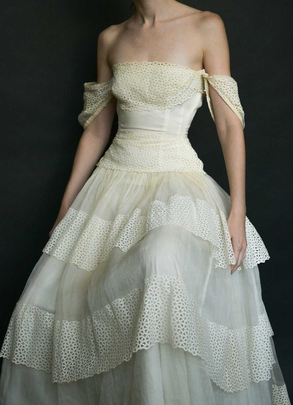 1940s white cutwork lace organdy gown - image 1