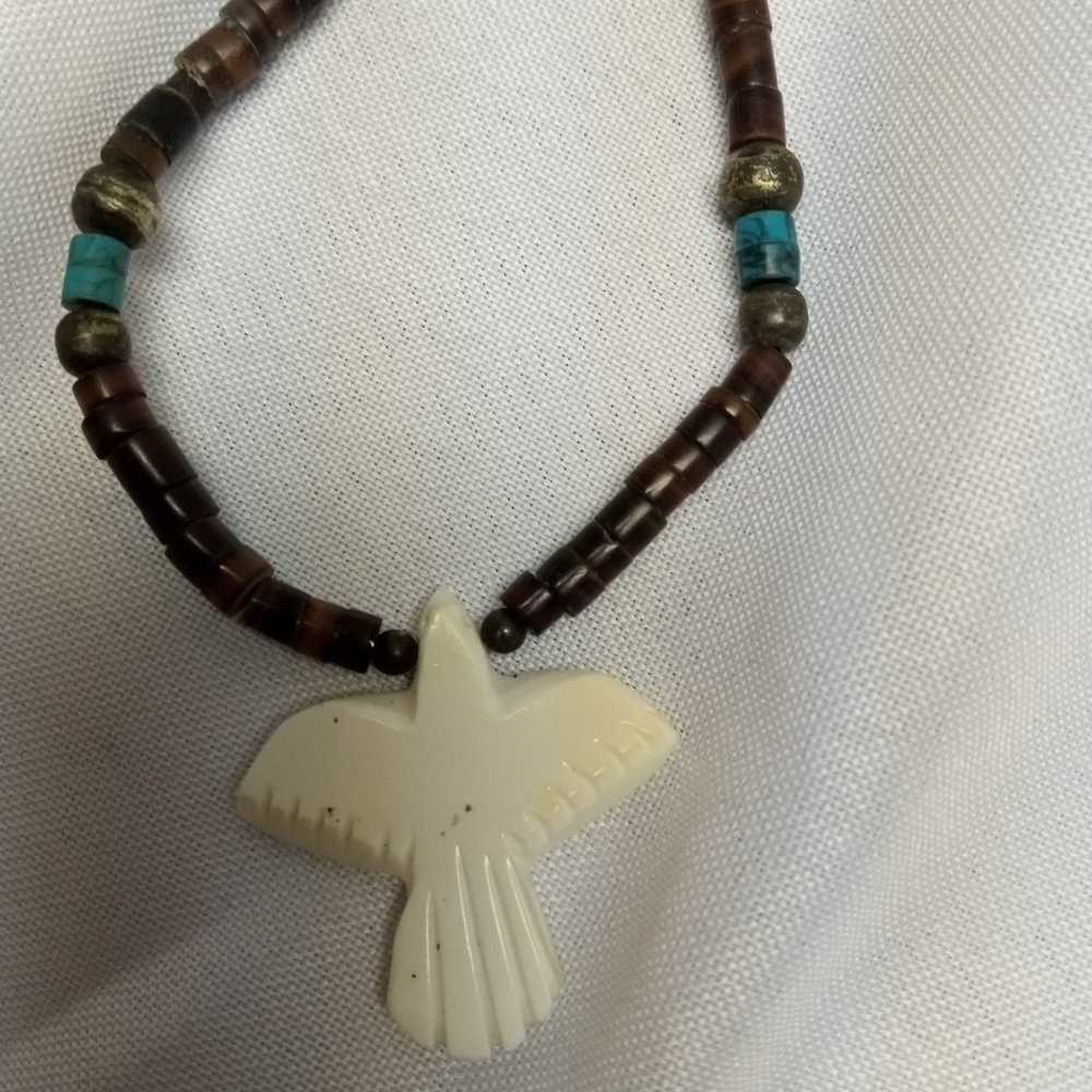 Necklace turquoise & brown beads and a white ston… - image 3