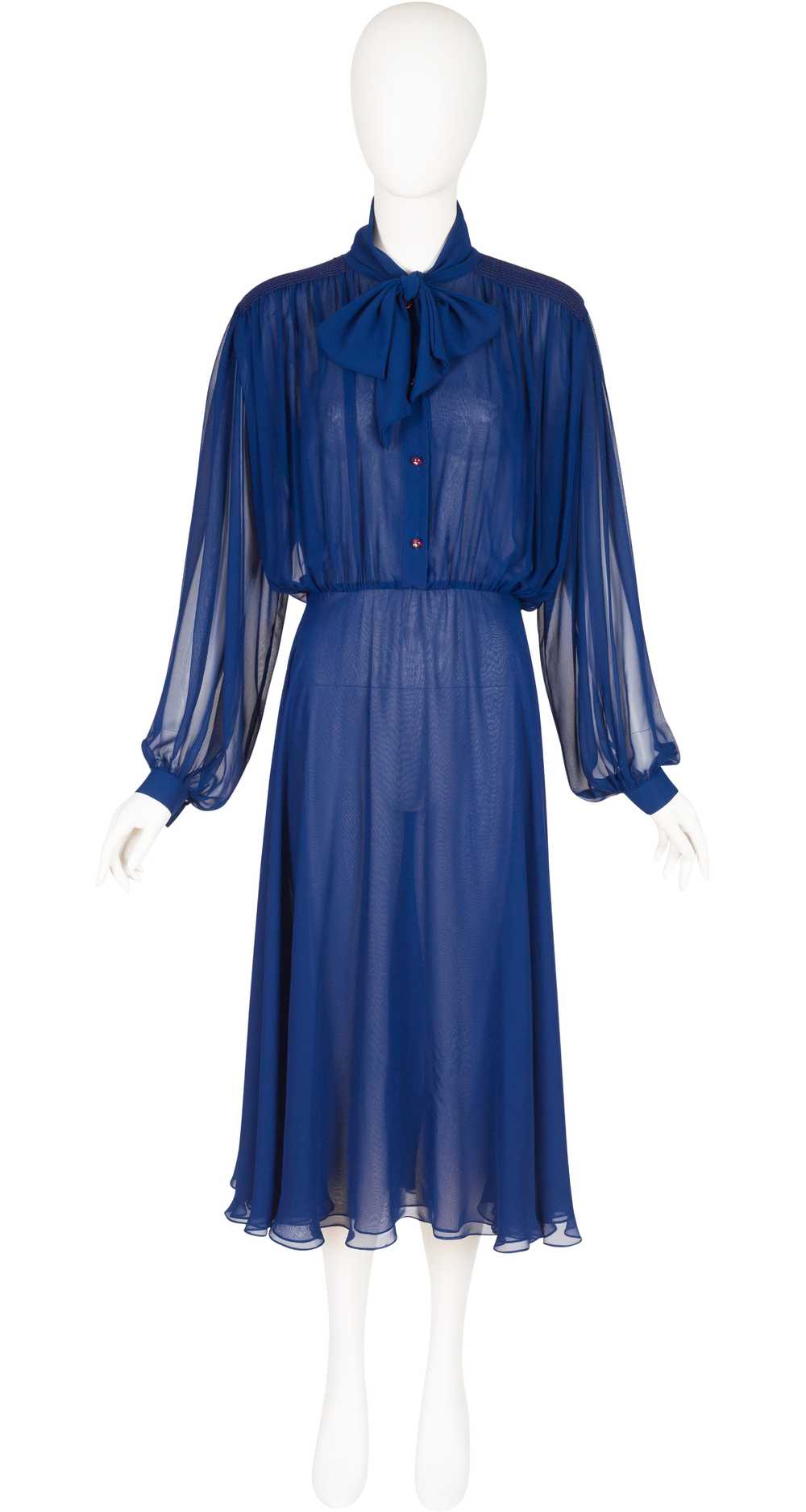 Wayne Clark 1980s Blue Chiffon Balloon Sleeve Eve… - image 1