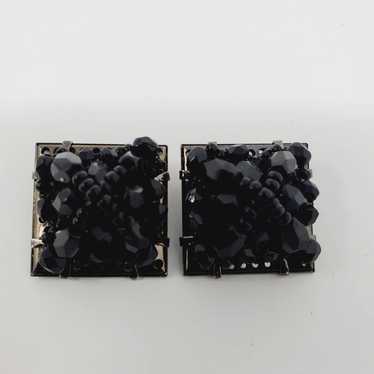 Vintage LC Black Glass Beaded Silver Tone Square … - image 1