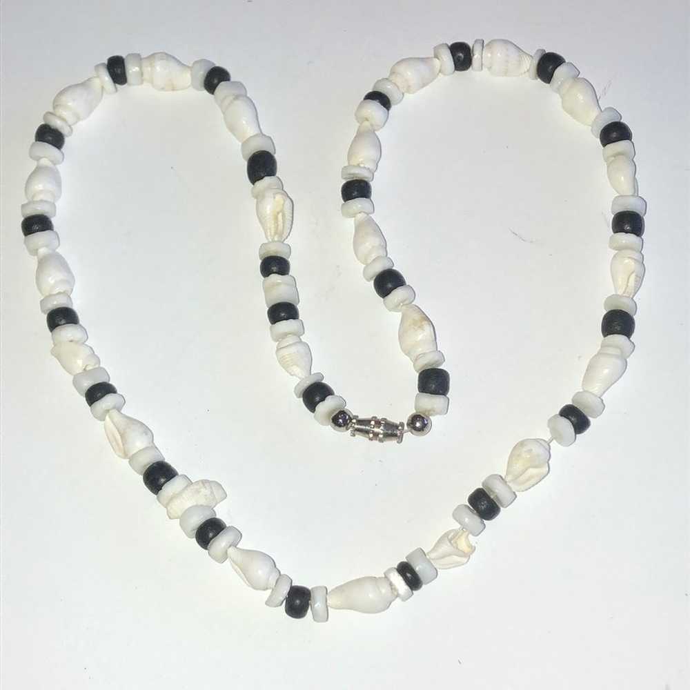 Vintage Black & White Beaded Boho Shell Necklace - image 1