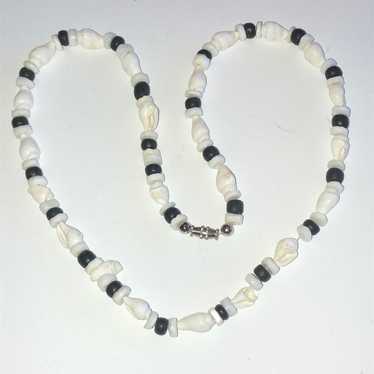 Vintage Black & White Beaded Boho Shell Necklace - image 1