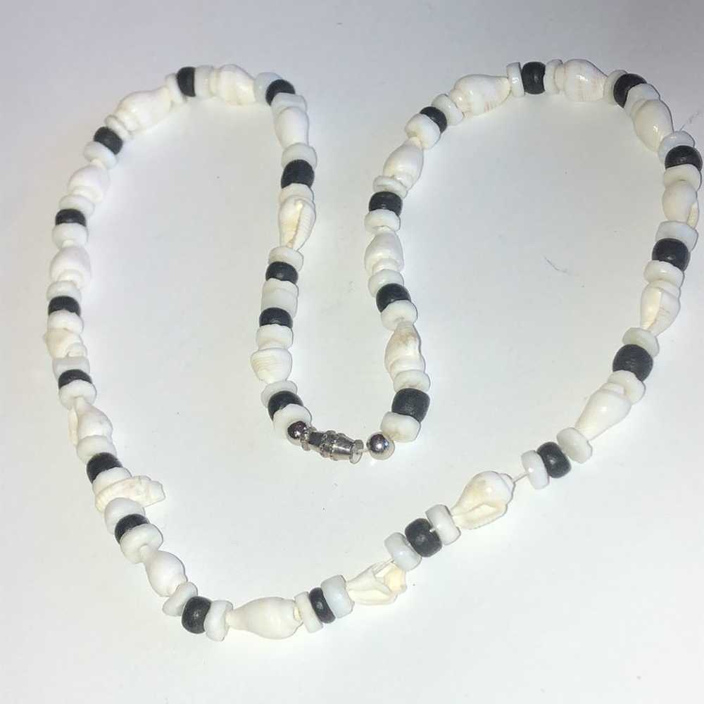 Vintage Black & White Beaded Boho Shell Necklace - image 2