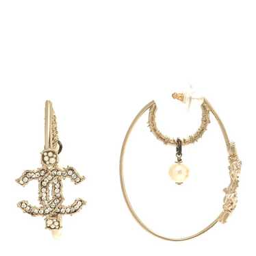 CHANEL Crystal Pearl CC Drop Hoop Earrings Gold W… - image 1