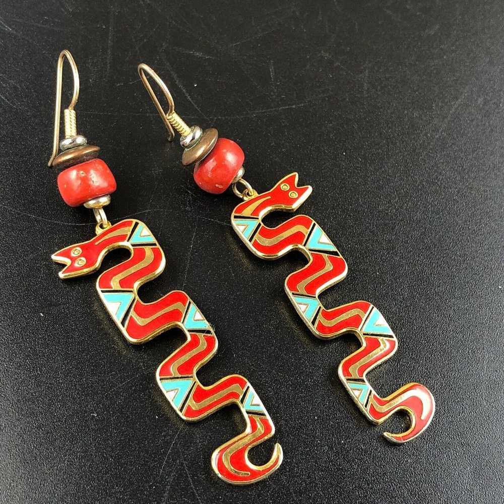 Laurel Burch Earrings 1980s Serpent Spirit Red Bl… - image 1