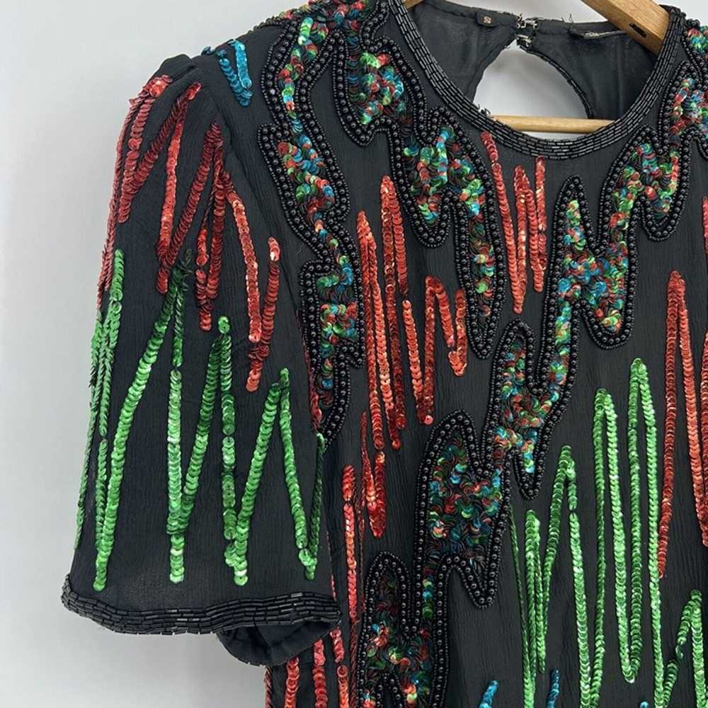 80s Cocktail Dress Prom Sequins Silk Beaded Cut O… - image 3