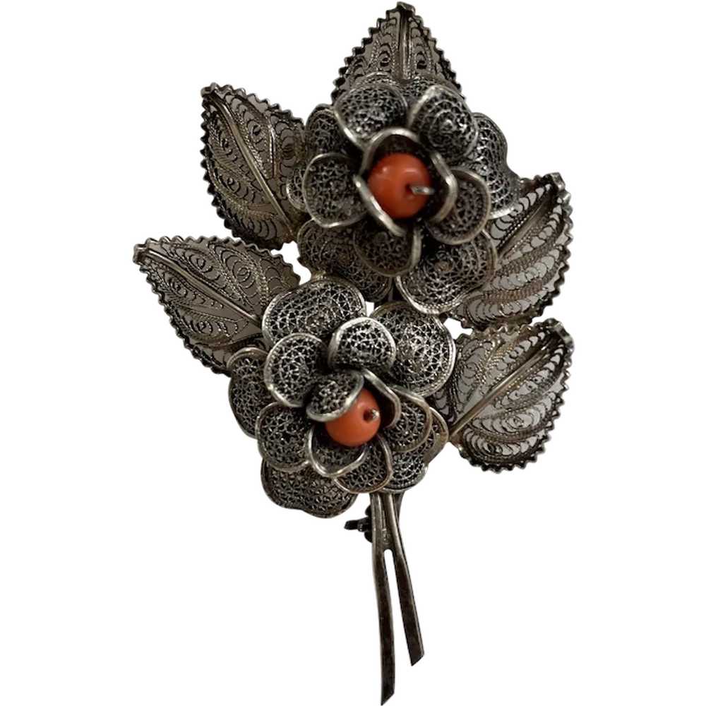 800 Silver Filigree Brooch with Coral Beads - image 1