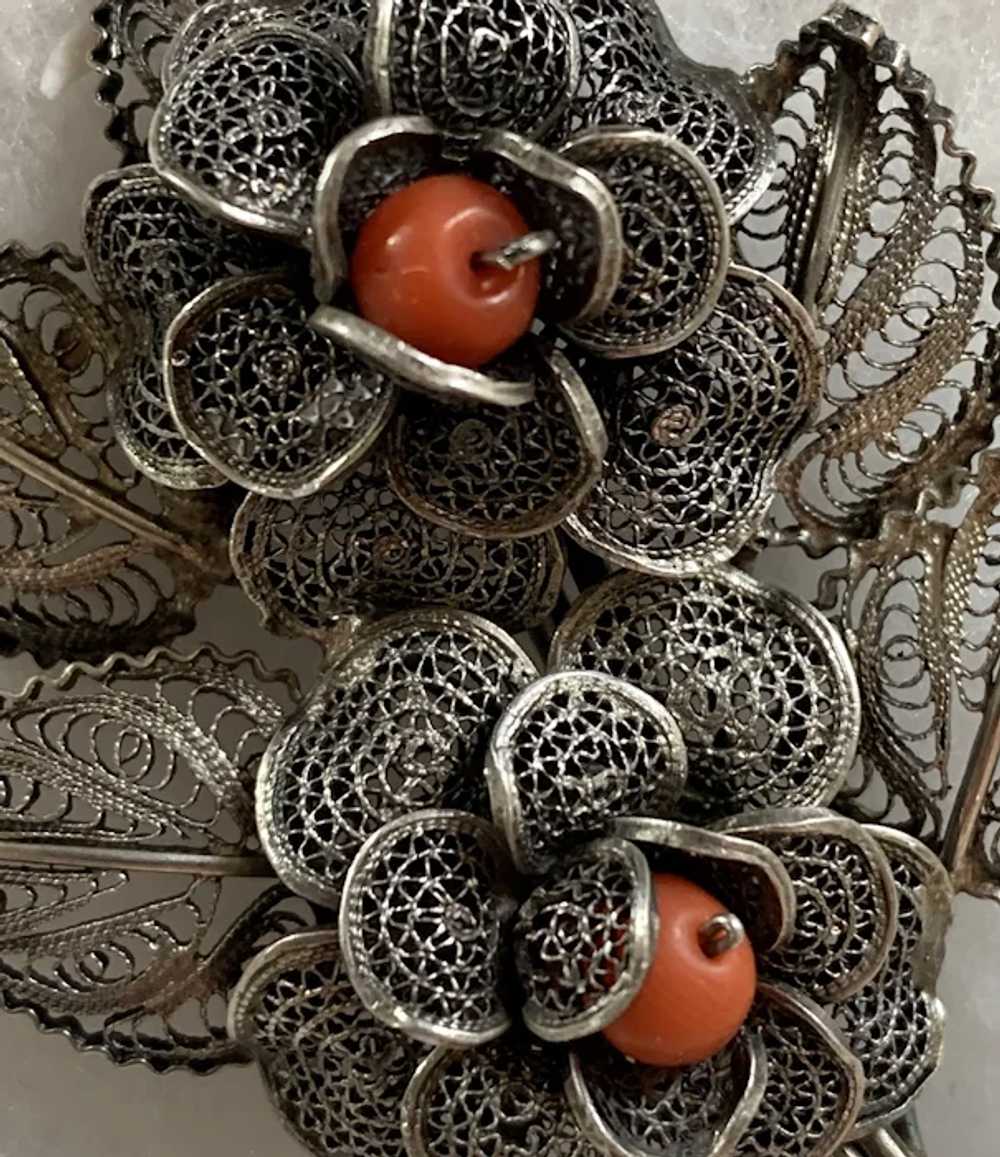 800 Silver Filigree Brooch with Coral Beads - image 4