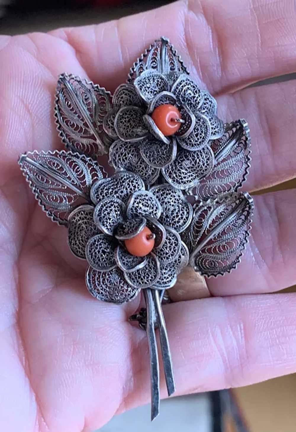 800 Silver Filigree Brooch with Coral Beads - image 6