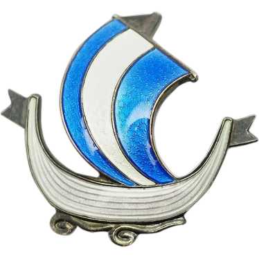 Viking ship blue white enamel sterling silver vin… - image 1